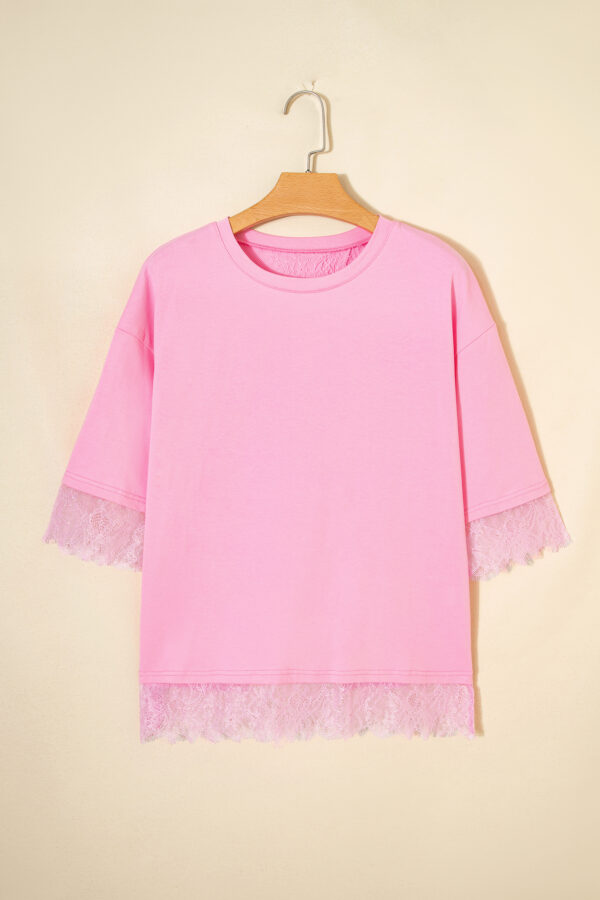 Pink Eyelash Floral Lace Patchwork Half Sleeve Oversize Tee