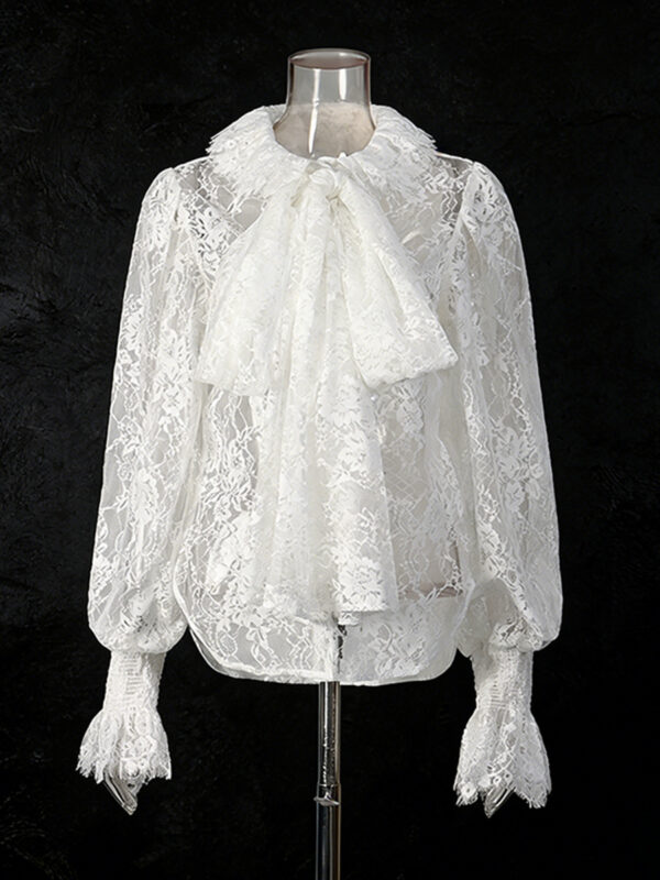 Lantern Sleeve Bow Tie Lace Embroidered Shirt