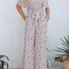 White Smocked Short Sleeve Wide Leg Floral Print Jumpsuit
