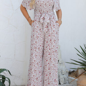 White Smocked Short Sleeve Wide Leg Floral Print Jumpsuit