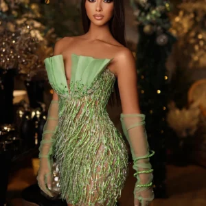 565301437 Beaded fringe light green strapless dress