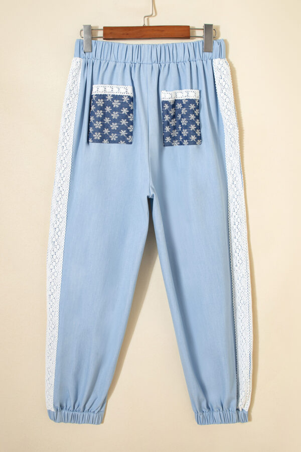 99028022-87212d3c3dcde23f.jpg Beau Blue Lace Accent Floral Patched Pocket Pleated Wide Leg Slouchy Pants