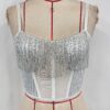 Womens Patchwork Diamond-Chain Fishbone Midriff-Baring Tank Top With Zipper