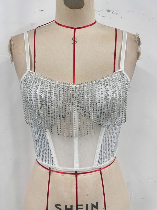 Womens Patchwork Diamond-Chain Fishbone Midriff-Baring Tank Top With Zipper