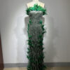 Luxury Green Feather Sleeveless Maxi Long Gowns Evening Party Dress