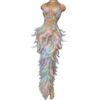 New Model Colorful Feather Rhinestone Elastic Wrap Hip Long Dress