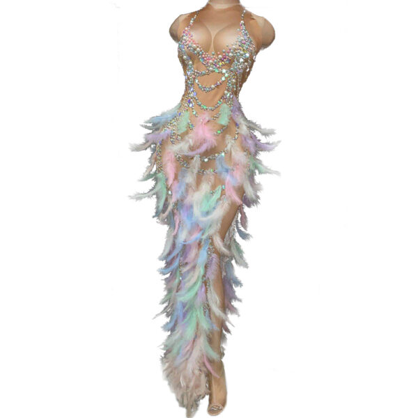 New Model Colorful Feather Rhinestone Elastic Wrap Hip Long Dress