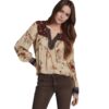 V-Neck Lace-Patchwork Long-Sleeve Floral Print Womens T-Shirt