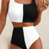 Pink Corded Colorblock Square Neck Bikini Swimsuit