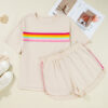 Beige Vibrant Striped Detail Athleisure 2pcs Short Set