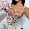 Womens Retro Jacquard Patchwork Lace Mini Ruffle Fishbone Bra-Padded Halter Neck Tank Top