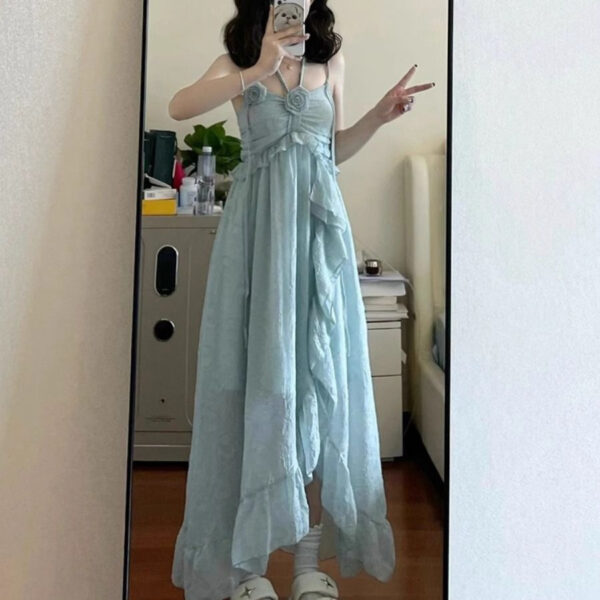 564075400 Chic French Beach Vacation Blue Strap Dress for Women