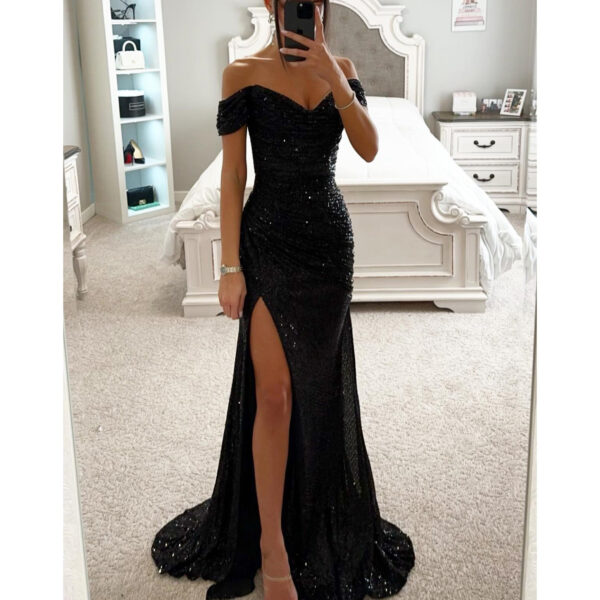 565302058 One-Shoulder Slit Dress INS Casual Fashion Party Sequin Dress
