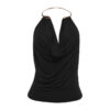 Fashionable Solid-Color Low-Cut  Plunging Neckline Metal Halter Bodycon Tank Top
