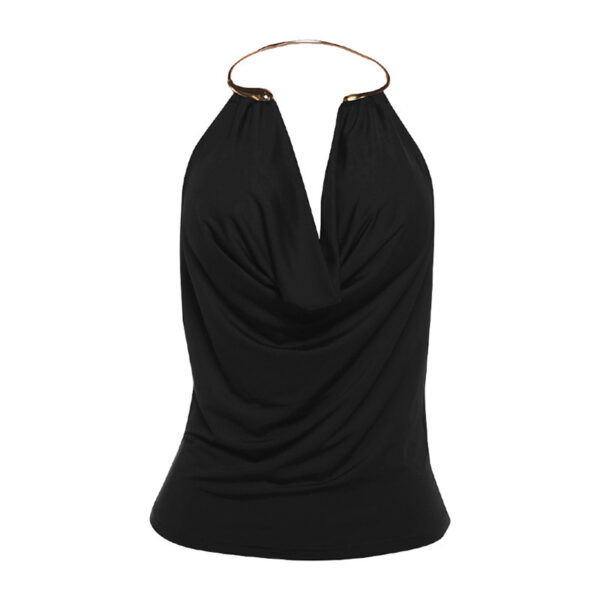 Fashionable Solid-Color Low-Cut  Plunging Neckline Metal Halter Bodycon Tank Top