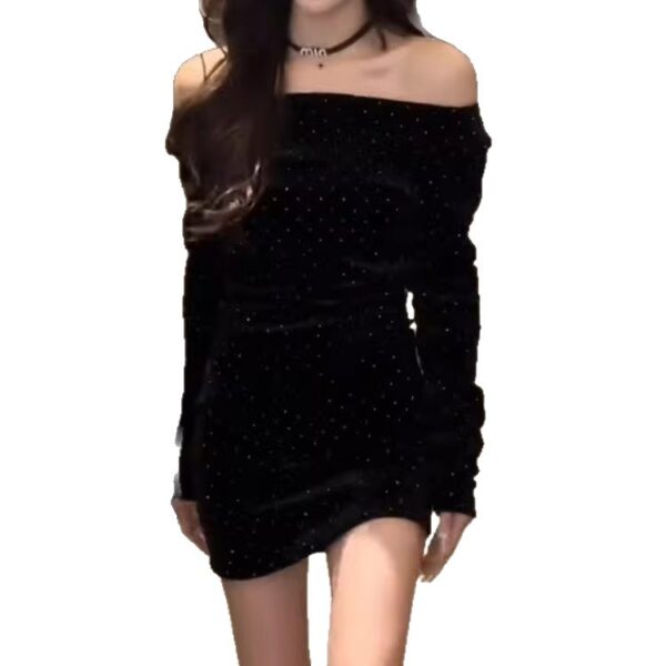 564075357 Sensual One-Shoulder Sparkling Fitted Bodycon Black Dress