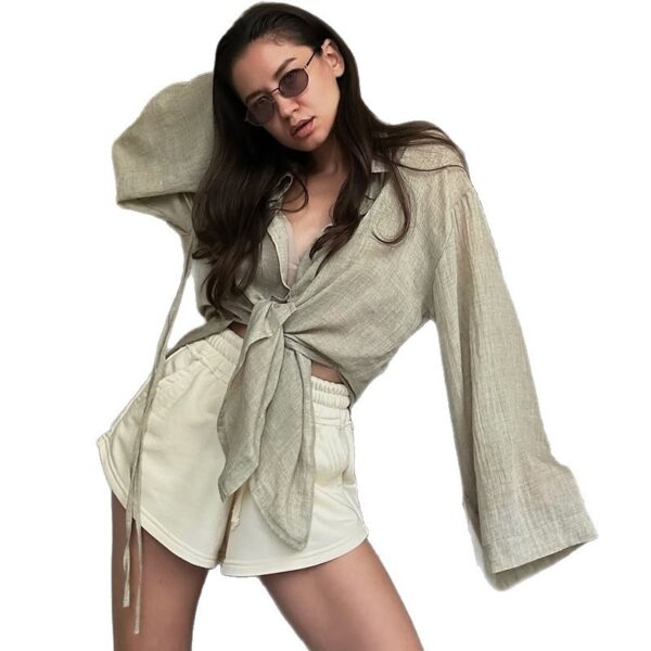 Stylish Design-forward Loose-fit Long-sleeve Shirt With A Turn-down Collar And Tie Details