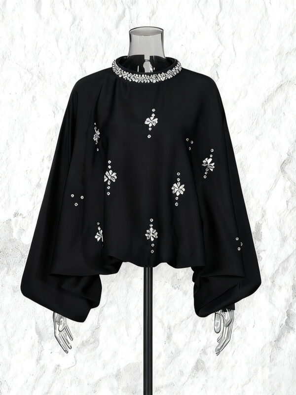 Round Neck Rhinestone Loose Solid Color Pullover Shirt