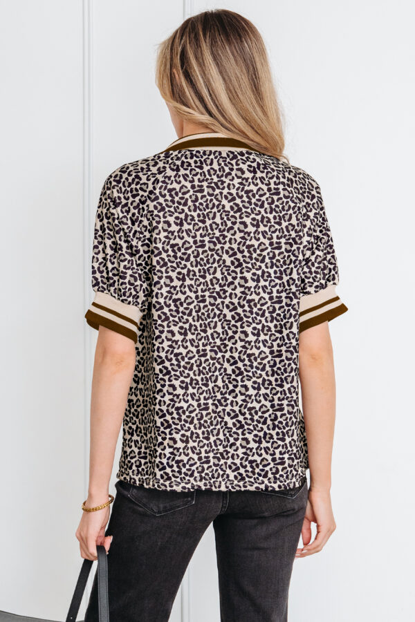 99027917-9754f0a1a48251c2.jpg Khaki Leopard Print Half Zip Striped Trim Patchwork Short Sleeve Top