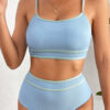 Beau Blue Stylish Ribbed Contrast Trim Spaghetti Straps 2pcs Bikini Swimsuit