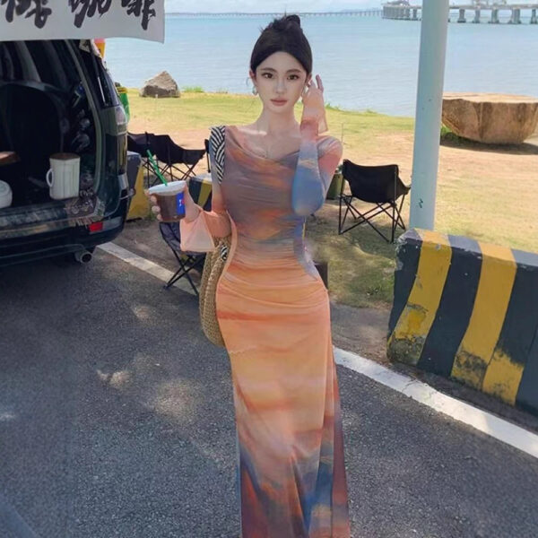 564075405 French Style Chic Sunset Tie-Dye Off-Shoulder Printed Mesh Dress