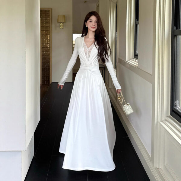 564075490 Lace Splicing Pure Desire Style V-Neck Long Sleeve Dress