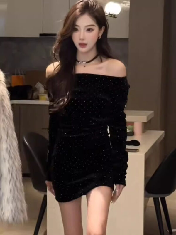 564075358 Sensual One-Shoulder Sparkling Fitted Bodycon Black Dress