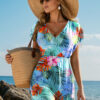 Sky Blue Tropical Print V Neck Semi Sheer Beach Cover Up Dress