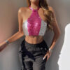Backless Metallic Colorblock Chain Halter Sequin Camisole