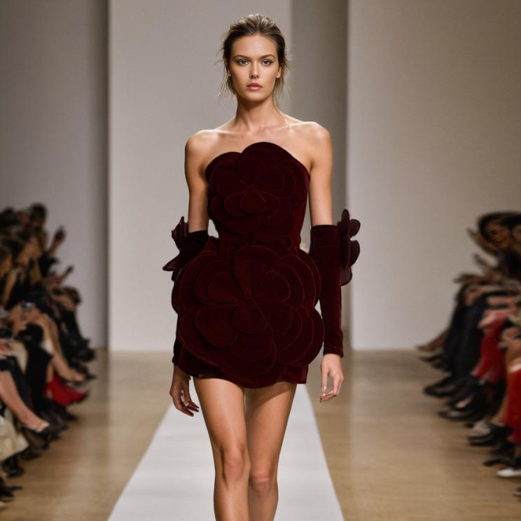niche-model-style-socialite-heavy-duty-velvet-three-dimensional-flower-tube-top-dress