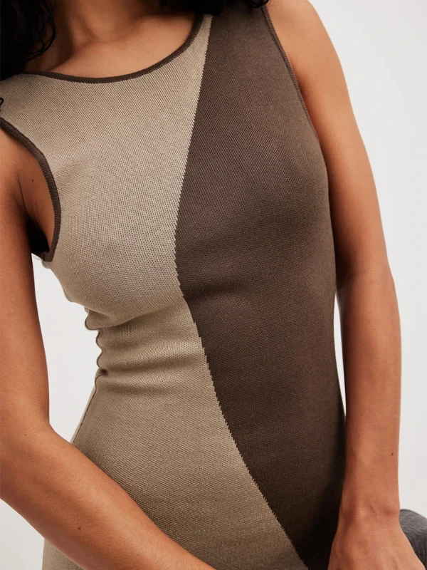 565302320 Contrast Color Sleeveless Knit Summer Party Dress