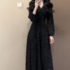 French Style Elegant Black V-Neck Polka Dot Long Sleeve Dress