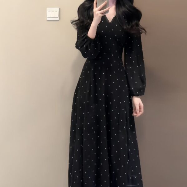 French Style Elegant Black V-Neck Polka Dot Long Sleeve Dress