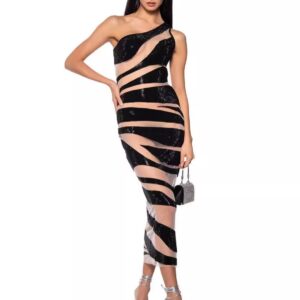 Single Shoulder Mesh Silver Stripe Sexy Tight Bandage Long Party Dress