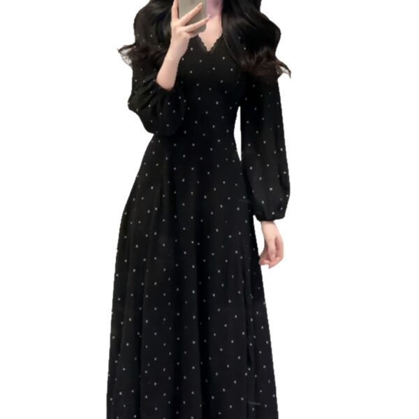 French Style Elegant Black V-Neck Polka Dot Long Sleeve Dress
