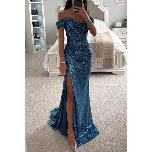 565302057 One-Shoulder Slit Dress INS Casual Fashion Party Sequin Dress