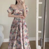 Chic French Style Square Neck Bubble Sleeve Floral Print Midi Dress