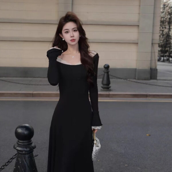 564075484 French Style Lace Spliced Off-Shoulder Midi Dress