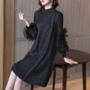 Stand-Up Collar Knee-Length Heavyweight Pleated Dress for Women