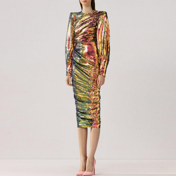 Elegant Midi Dress New Round Neck Long Sleeve Evening Party Dresses