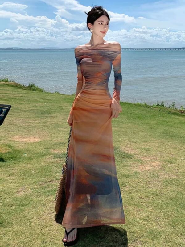 564075409 French Style Chic Sunset Tie-Dye Off-Shoulder Printed Mesh Dress