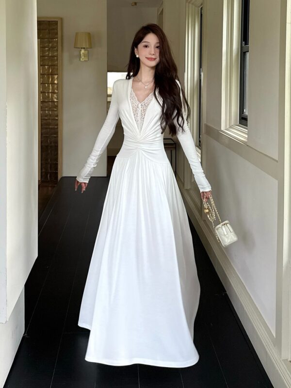 564075494 Lace Splicing Pure Desire Style V-Neck Long Sleeve Dress