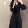 French Style Elegant Black V-Neck Polka Dot Long Sleeve Dress