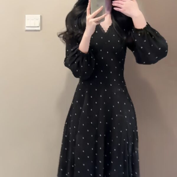 French Style Elegant Black V-Neck Polka Dot Long Sleeve Dress