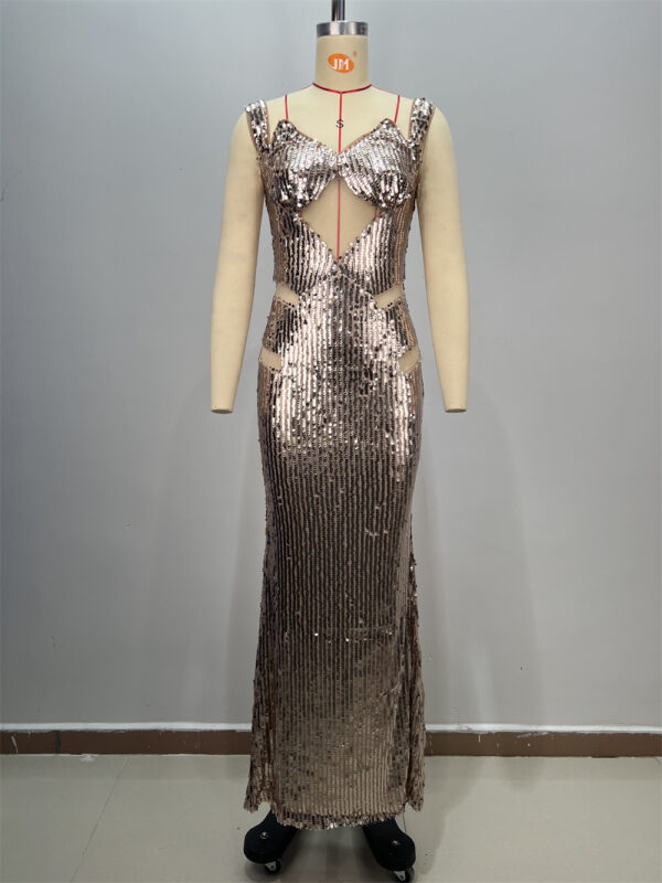 565302729 Backless V-neck Sleeveless Fitted Sequined Casual Long Dress for Party