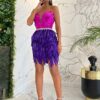 High Waist Feather Crystal Design Mini Dress