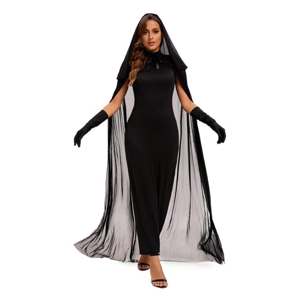 565302653 Halloween Vampire Witch Costume with Cloak Tulle Cape Ghost Witch Dress for Party