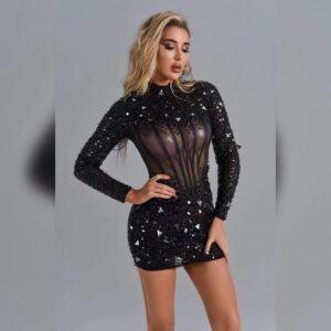 565301864 Long Sleeve Bandage Dress Sequin Mesh Beaded Banquet Party Dress