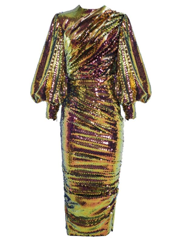 Elegant Midi Dress New Round Neck Long Sleeve Evening Party Dresses