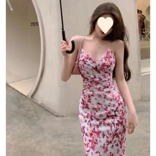 V-Neck Sleeveless Floral Print Fitted Long Dress